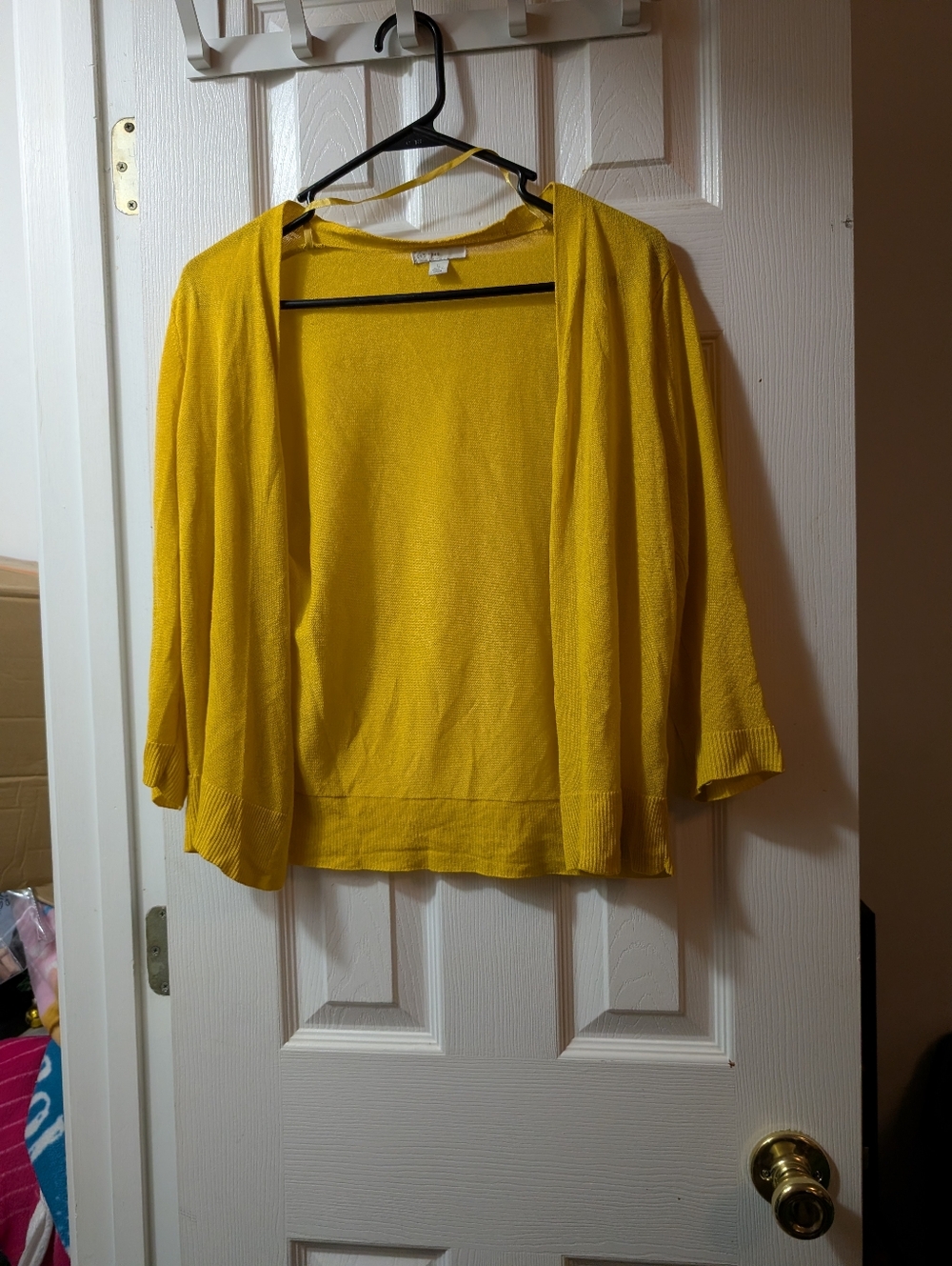 Yellow Open Front Cardigan Women’s Large Lightweight Knit 3/4 Sleeve Layering Sw